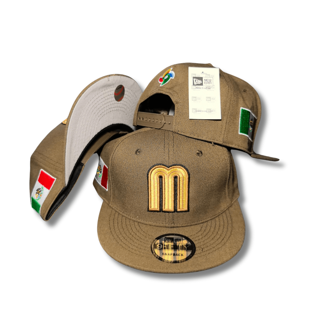 Mexico Baseball Brown with Gold Embroidered Logo and Flag Patches Snapback Cap