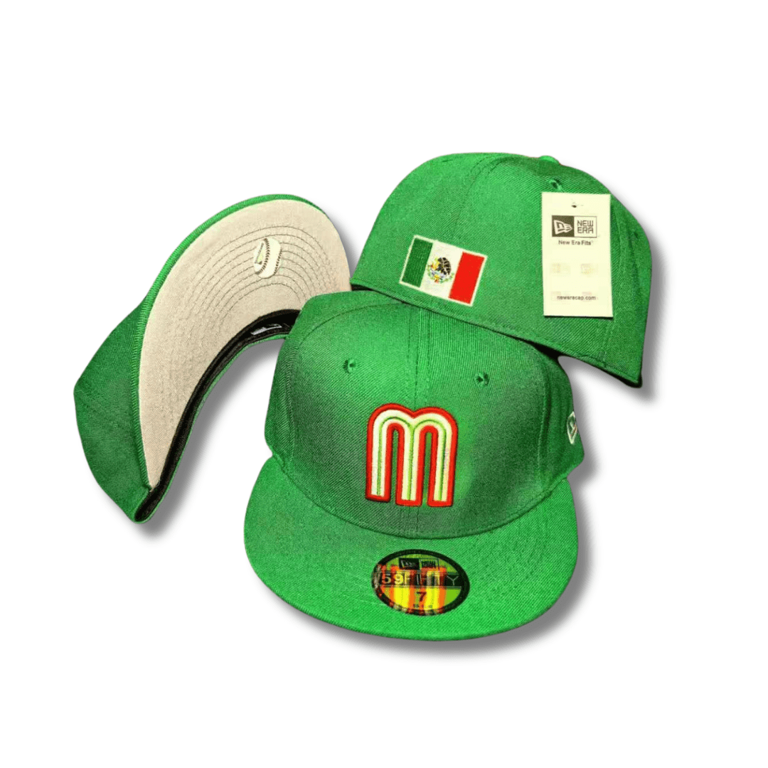 Team Mexico with Embroidered Logo and Mexican Flag Patch Green Fitted Cap