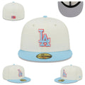 Los Angeles Dodgers Fitted Hat - Cream with Light Blue Brim and Red-Outlined Logo