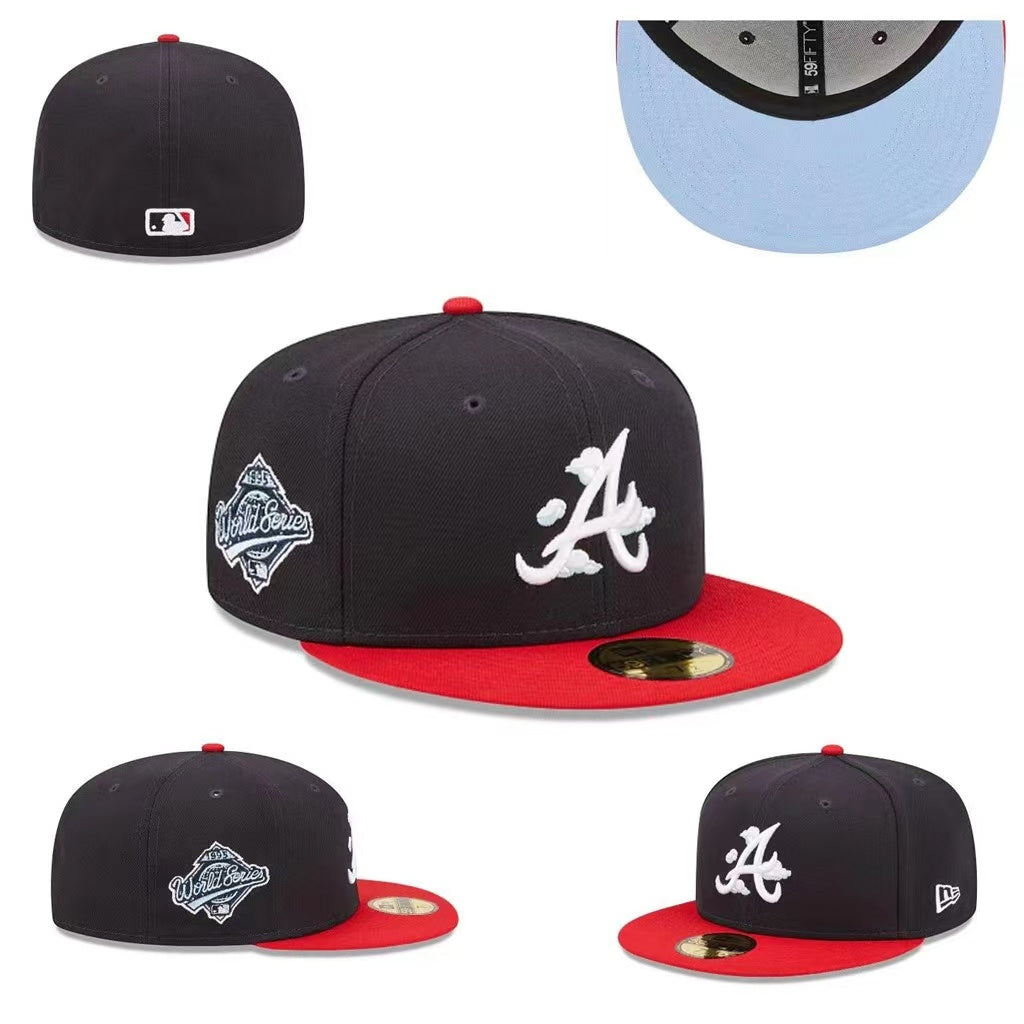 Atlanta Braves World Series Fitted Hat with Red Brim and Light Blue Underbrim - Black