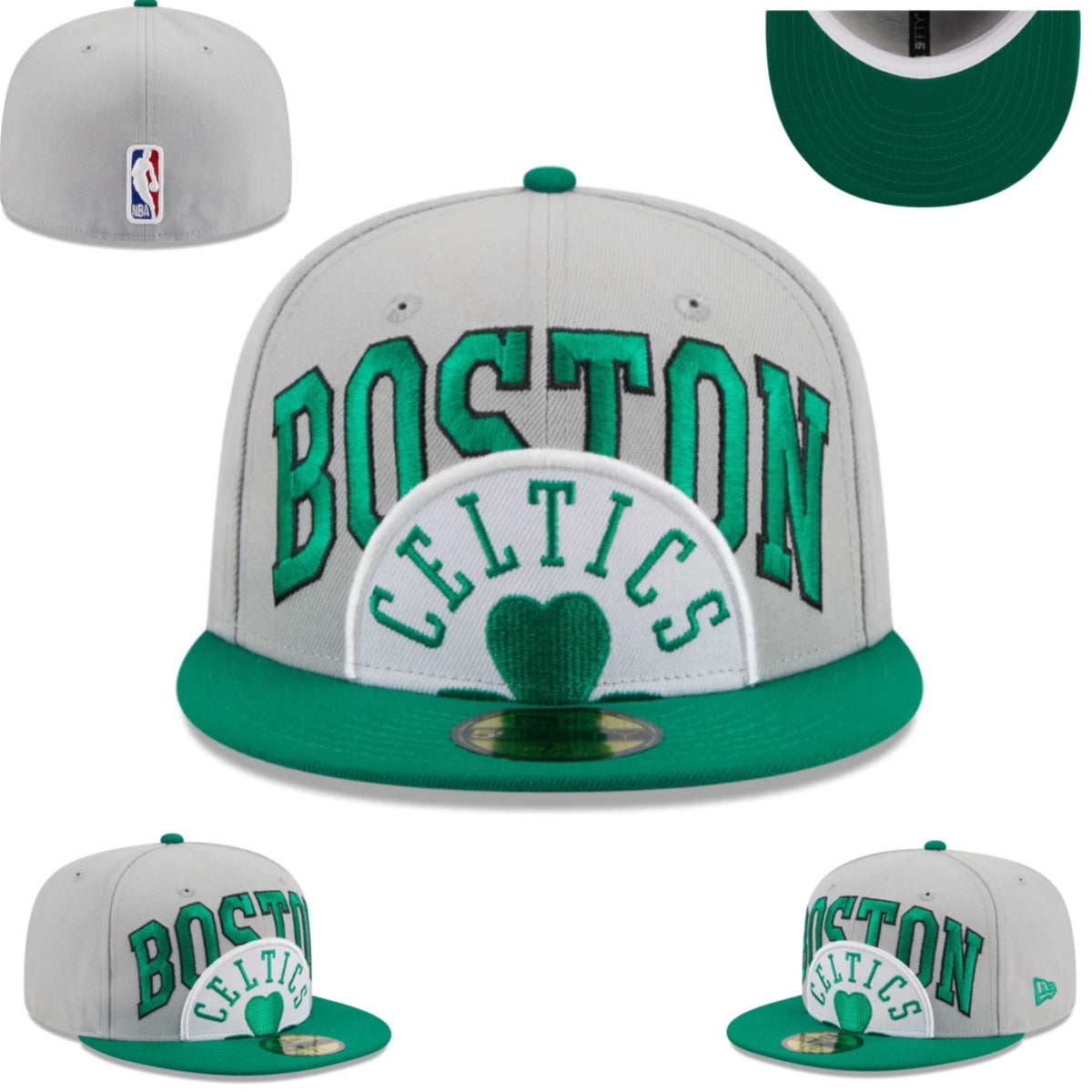 Boston Celtics NBA Snapback Cap with Embroidered Arch Text and Shamrock - Gray and Green